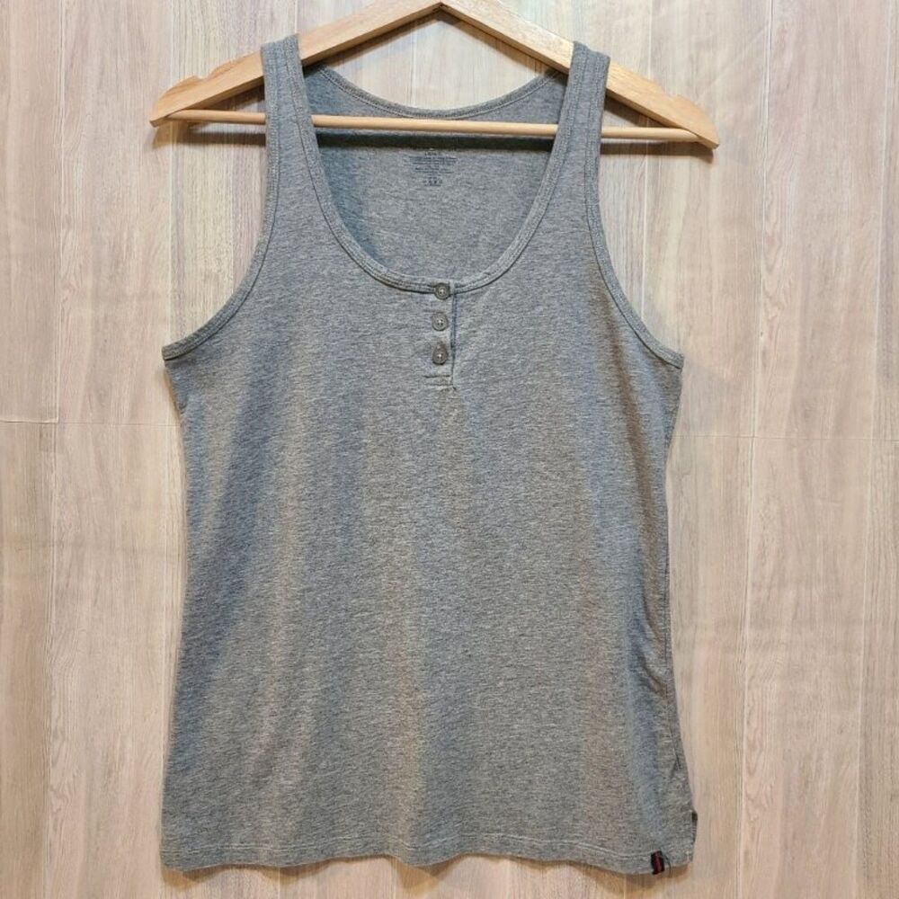 Tommy Hilfiger Womens Large Gray Cotton Henley Tank Top Stretch Sleeveless Shirt
